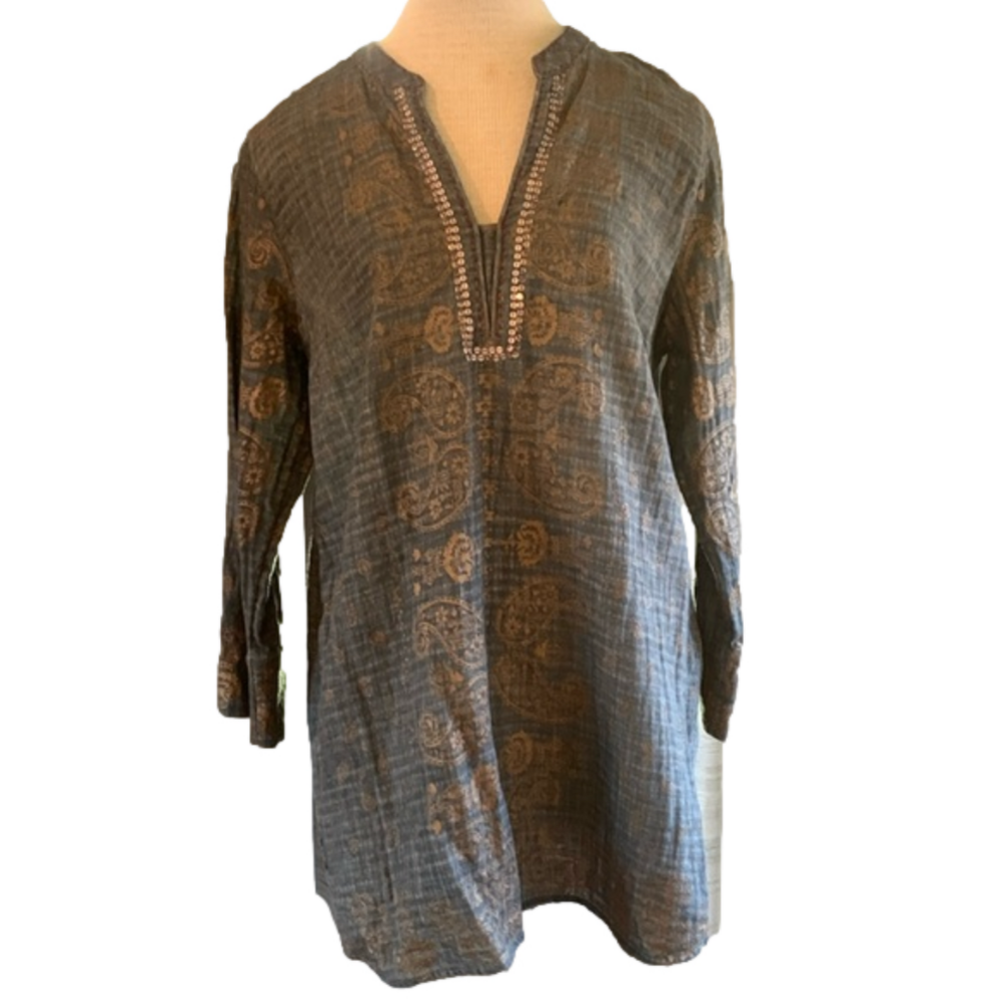 Soft Surroundings sz L grey cotton tunic with gold paisley pattern